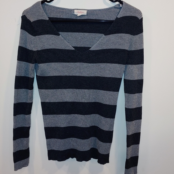Black and Gray Striped V Neck Womens Shirt - Picture 1 of 1